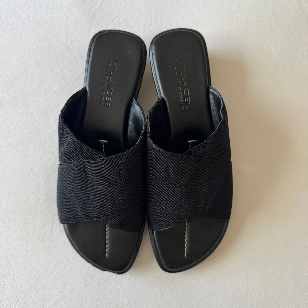 Liz Claiborne Black Wedge Sandals Size 7.5 Fabric Crossover Chunky Slide 90s Y2K
